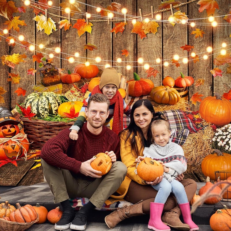 CapiSco 5X7FT Fall Thanksgiving Halloween Photo Backdrop Pumpkin Vinyl Background Wooden Floor Barn Autumn Pumpkins Maple Leaves Sunflower Backdrop for Kids Parties Family Portrait Backdrop SCO195A - Image 2